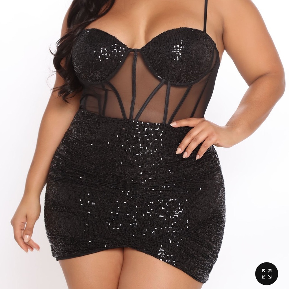 Fashion Nova Black Sequin Mesh Bustier Mini Dress